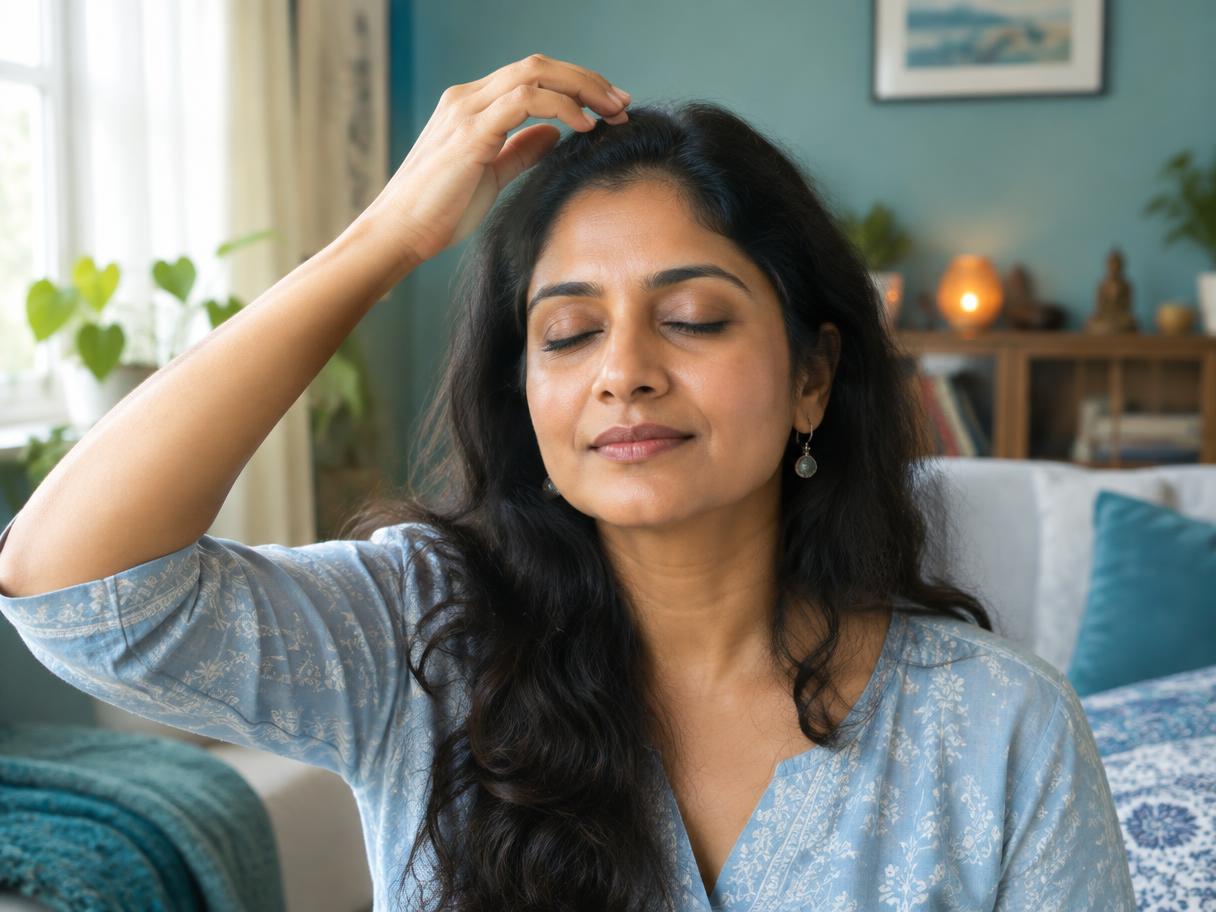 A woman moving from tension to calm through guided EFT tapping
