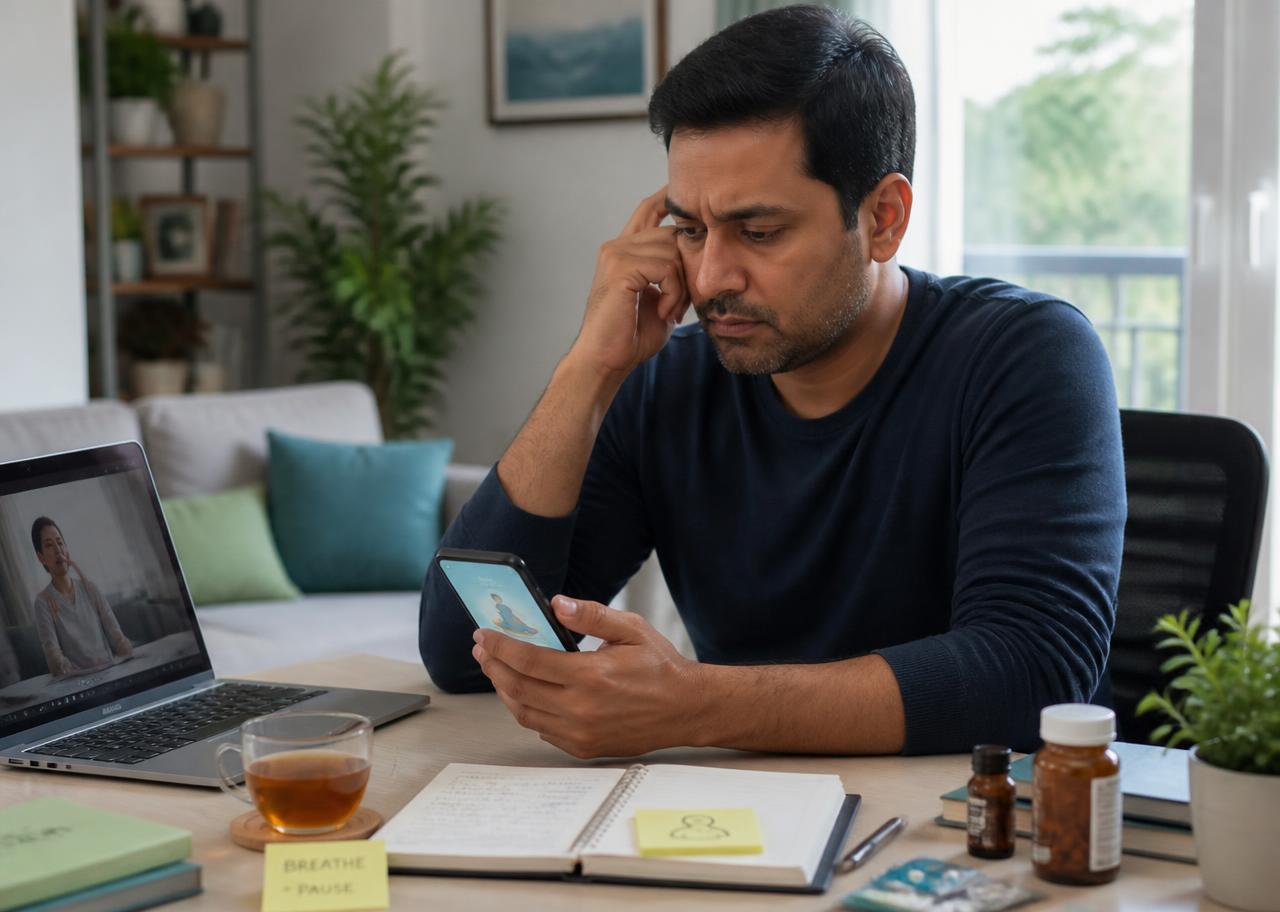 A professional surrounded by stress-management tools that have not brought relief