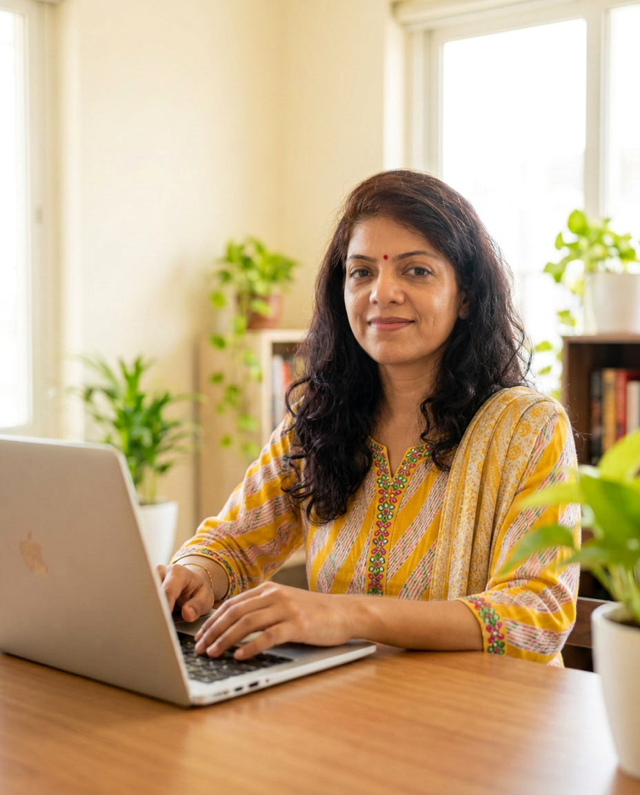 Preeti Choudhary, creator of The Calm Mind Kit, in a warm wellness workspace
