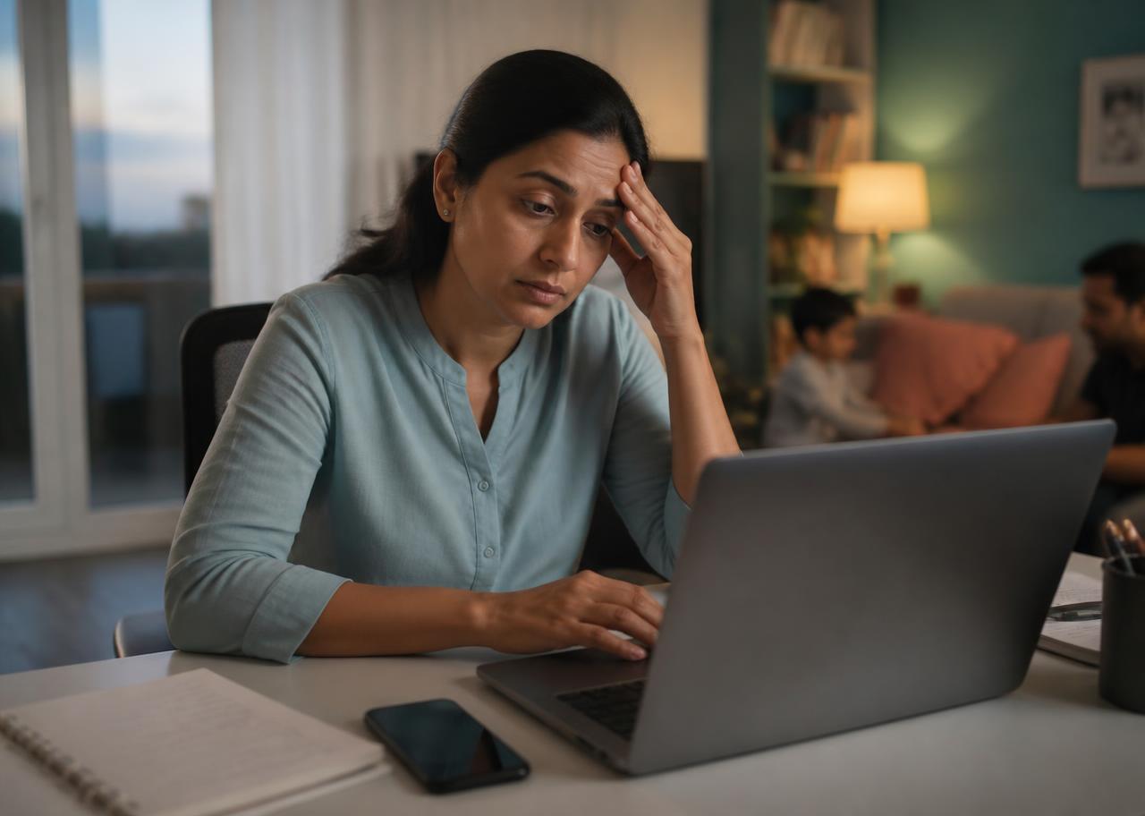 A busy professional carrying work stress into family time